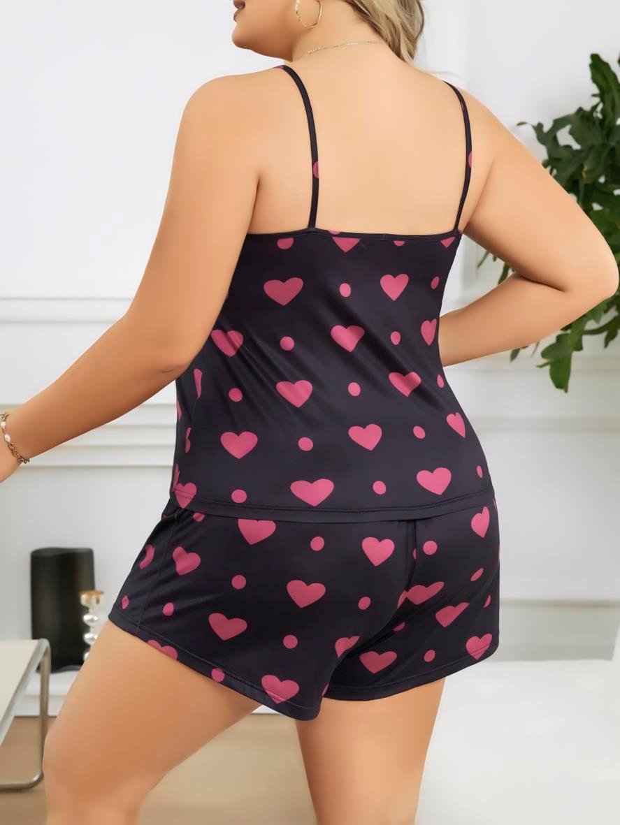 Aria's Closet Büyük Beden Siyah Kalp Desen İnce Askılı Pamuklu Şortlu Pijama Takımı