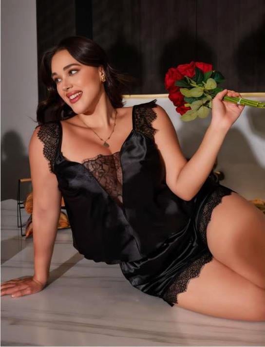 Aria's Closet Büyük Beden Siyah Omuz Dantel İşlemeli Saten Şortlu Takım Siyah 3XL