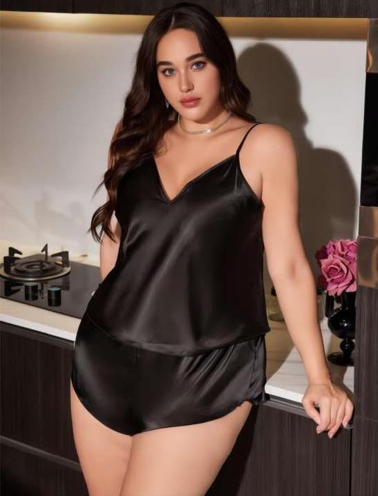 Aria's Closet Büyük Beden Siyah Saten Şortlu Takım Siyah 3XL