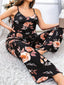 Aria's Closet Büyük Beden Siyah Üstüne Çiçek Desenli İnce Askılı 2'li Pijama Takımı Siyah 2XL