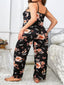 Aria's Closet Büyük Beden Siyah Üstüne Çiçek Desenli İnce Askılı 2'li Pijama Takımı