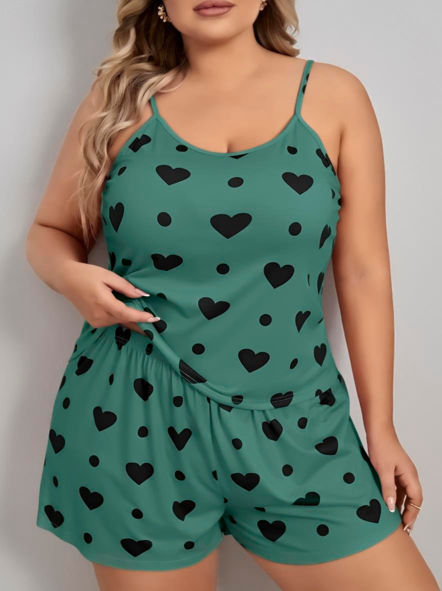 Aria's Closet Büyük Beden Yeşil Kalp Desen Pamuklu Şortlu Pijama Takımı