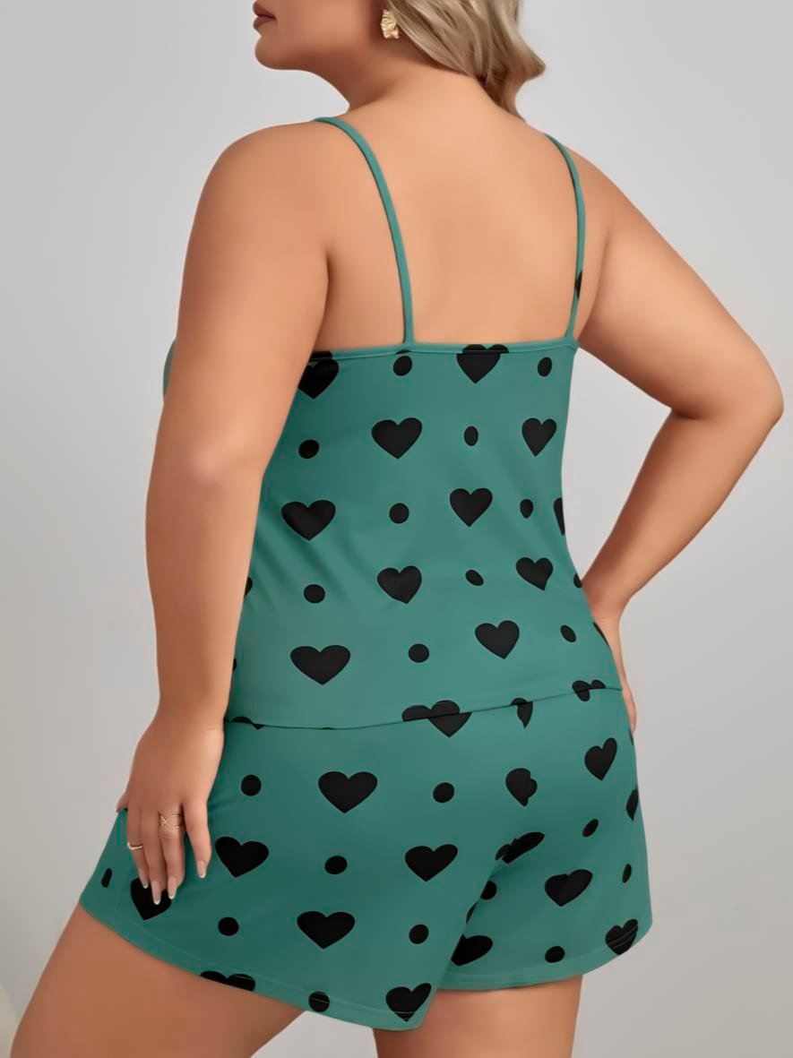 Aria's Closet Büyük Beden Yeşil Kalp Desen Pamuklu Şortlu Pijama Takımı