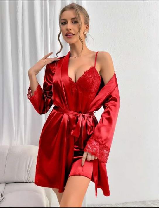 Aria's Closet Dantel İşlemeli İnce Askılı Kırmızı Saten 2'li Gecelik Sabahlık Takımı Kırmızı L