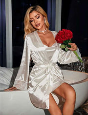 Aria's Closet Dantel İşlemeli İnce Askılı Beyaz Saten 2'li Gecelik Sabahlık Takımı Beyaz L