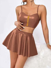 Aria's Closet Kahverengi Etekli Fantezi Deri Şık Elbise Kahverengi S/M