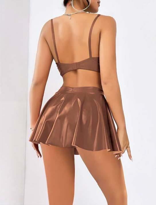 Aria's Closet Kahverengi Etekli Fantezi Deri Şık Elbise