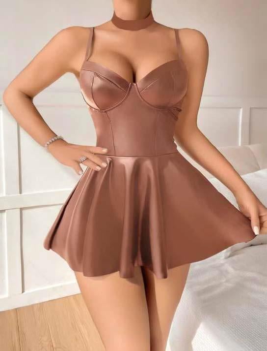 Aria's Closet Kahverengi Etekli Pileli Fantezi Deri Elbise Kahverengi S/M