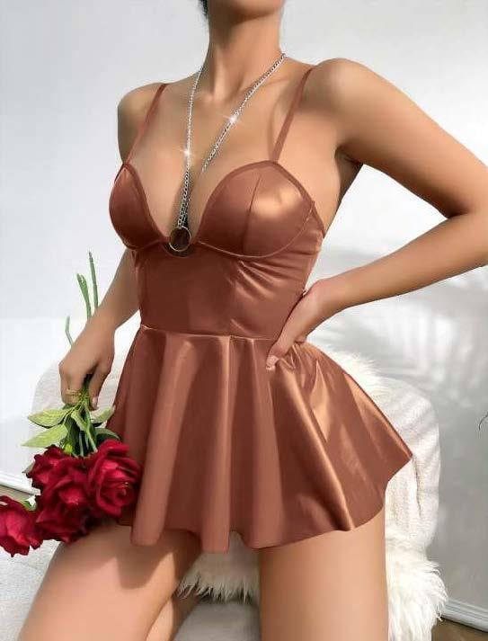 Aria's Closet Kahverengi Parlak Lame Fantezi Deri Elbise Kahverengi S/M