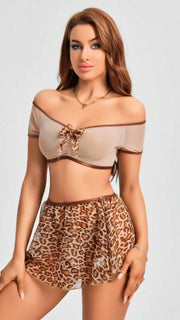 Aria's Closet Kalın Askılı Sütyen Leopar Desen Etekli Fantezi Gecelik Leopar S/M