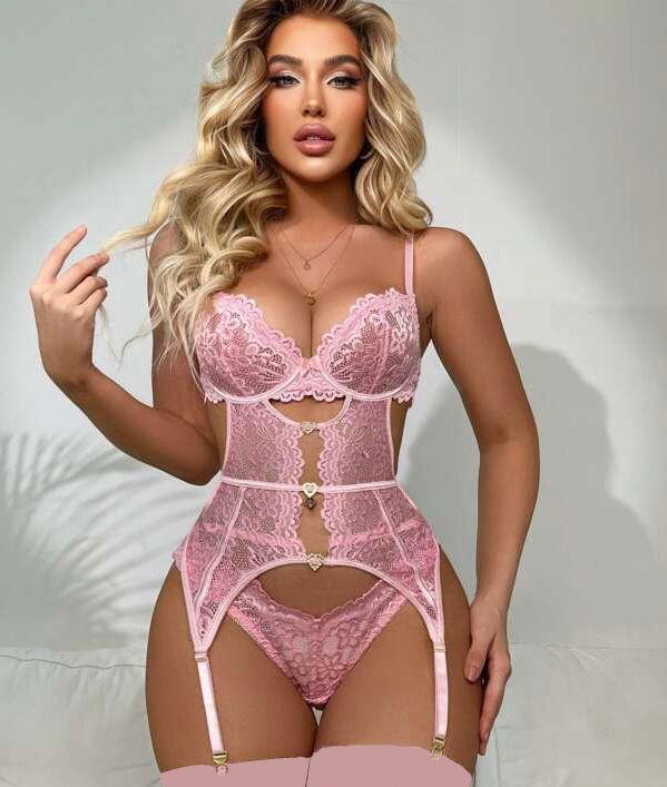 Aria's Closet Kalp Aksesuarlı Dantelli Fantezi Pembe Jartiyer Takım Pembe S