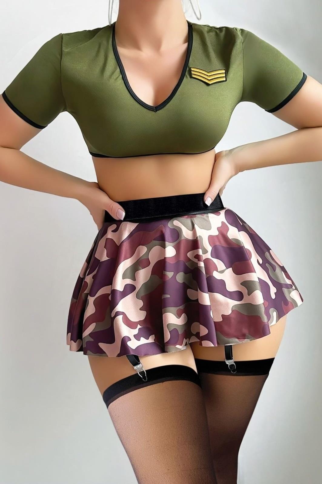 Aria's Closet Kamuflaj Desenli Jartiyer Etekli Fantezi Kostüm Görsel S/M