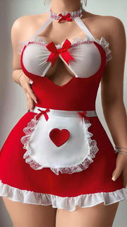 Aria's Closet Kırmızı Beyaz Dantel İşlemeli Kalp Detaylı Fantezi Fransız Hizmetçi Kostümü Kırmızı S/M