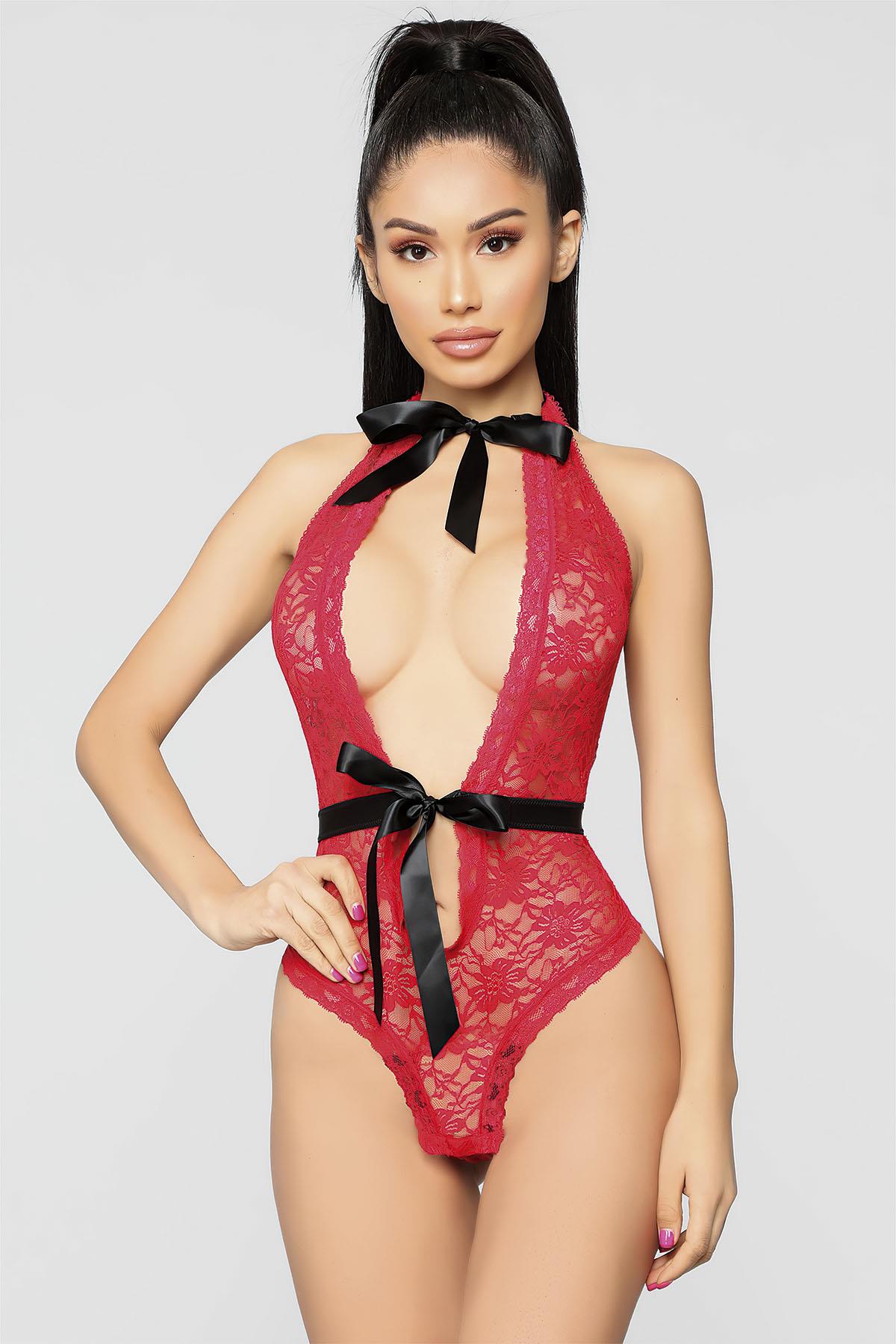 Aria's Closet Kırmızı Boyun ve Bel Kısmı Fiyonklu Babydoll Kırmızı S/M