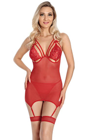 Aria's Closet Kırmızı Dantel İşlemeli Göğüs İp Detaylı Fantezi Jartiyer Takımı Kırmızı S/M
