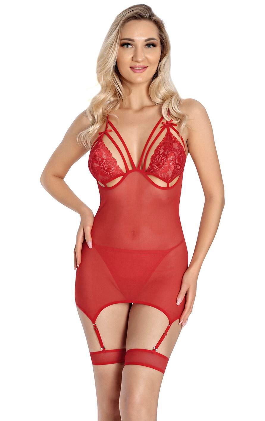 Aria's Closet Kırmızı Dantel İşlemeli Göğüs İp Detaylı Fantezi Jartiyer Takımı Kırmızı S/M