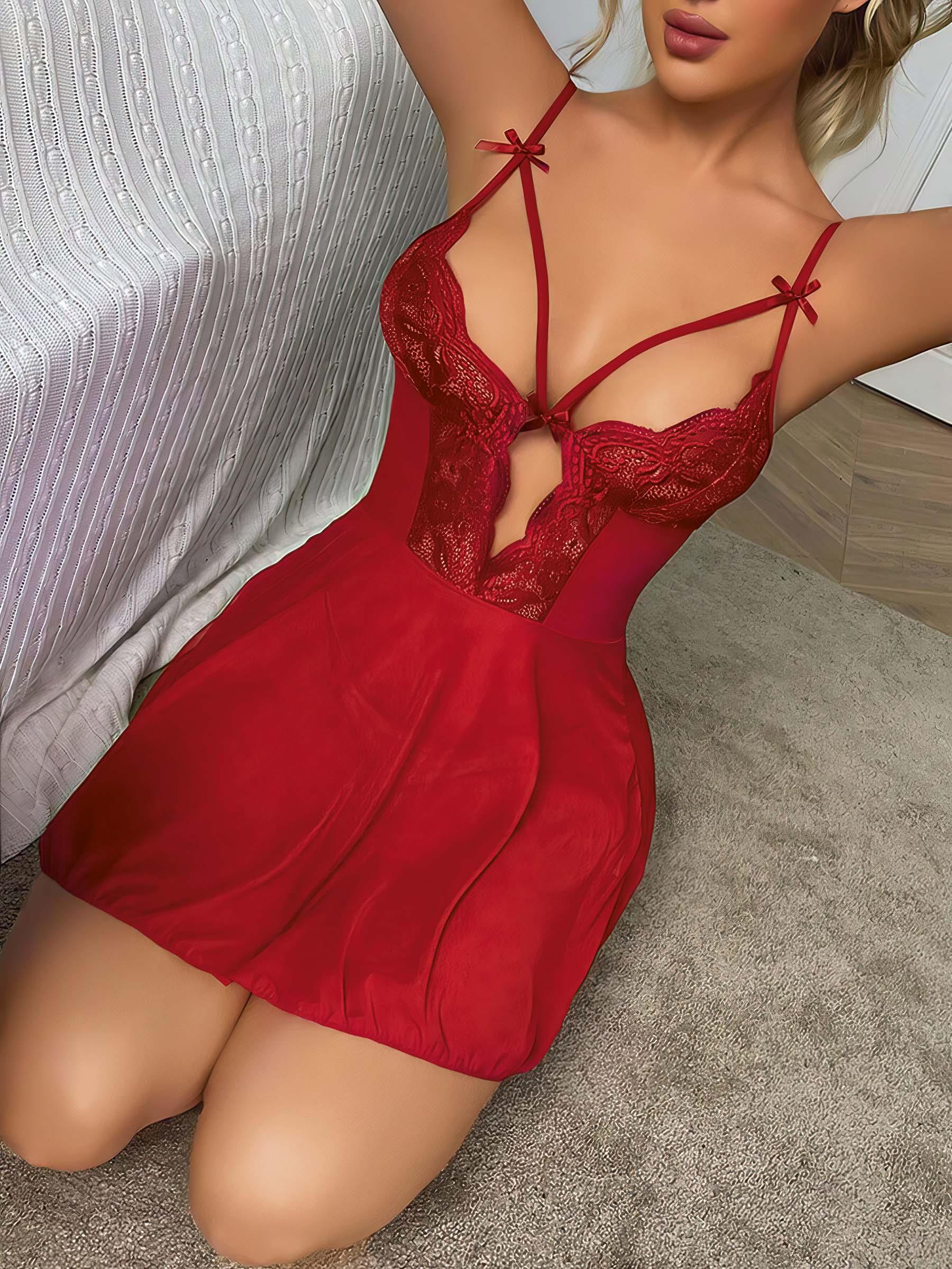 Aria's Closet Kırmızı Dantel İşlemeli Göğüs İp Detaylı Fantezi Tül Gecelik Takımı