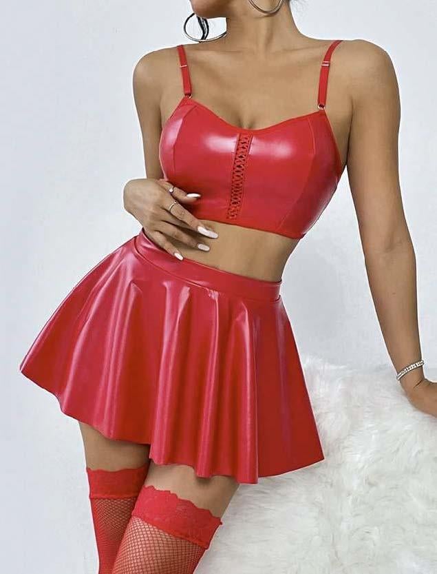 Aria's Closet Kırmızı Etekli Fantezi Deri Şık Elbise Kırmızı S/M