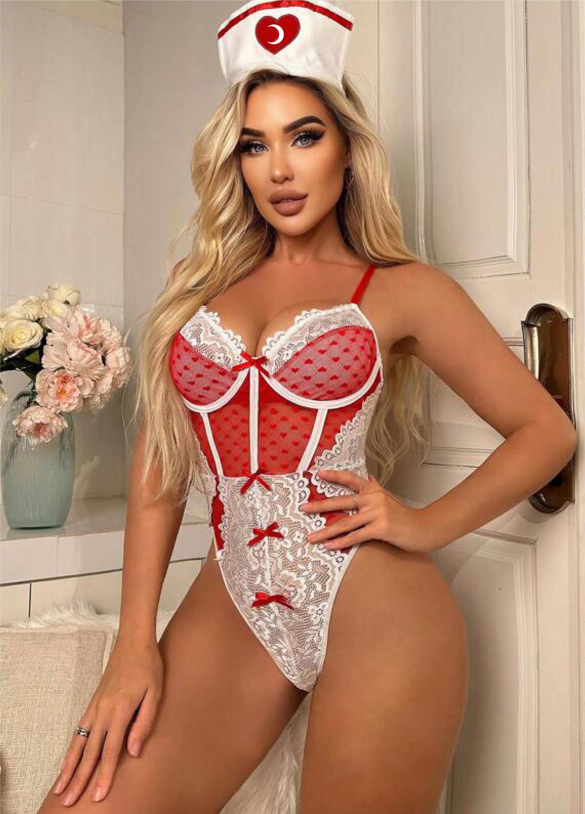 Aria's Closet Kırmızı Fantezi Body Hemşire Kostümü Kırmızı S