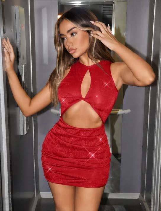 Aria's Closet Kırmızı Göğüs Dekolteli Simli Fantezi Mini Club Elbisesi