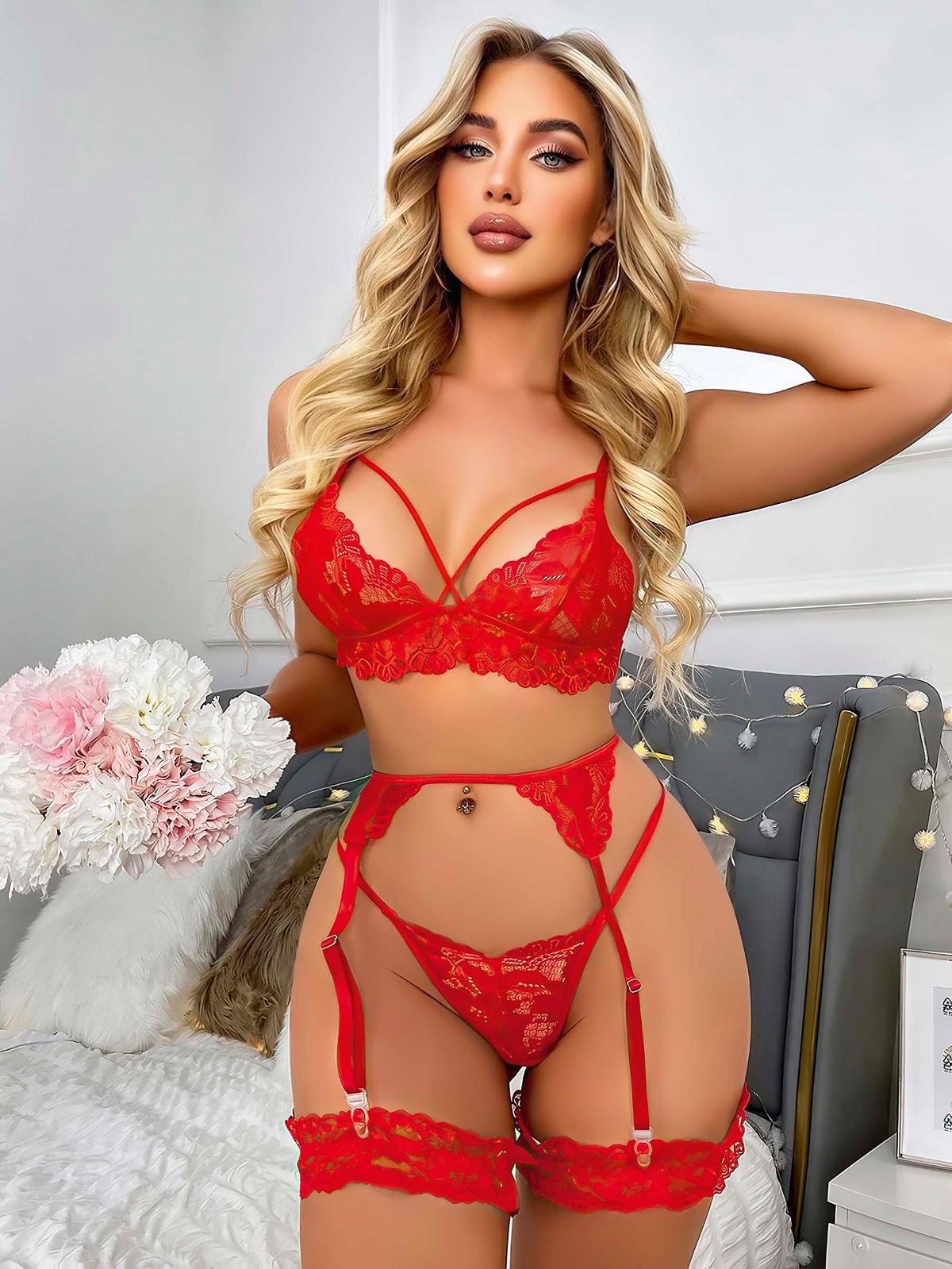 Aria's Closet Kırmızı Göğüs İp Detaylı Dantel İşlemeli Fantezi Jartiyer Takımı Kırmızı S/M
