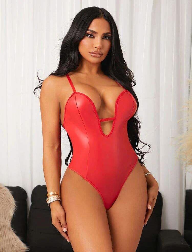 Aria's Closet Kırmızı İp Detaylı Deri Fantezi Babydoll Kırmızı S/M