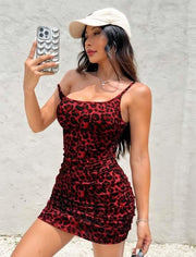 Aria's Closet Kırmızı Leopar Desenli Büzgülü Fantezi Elbise Leopar M