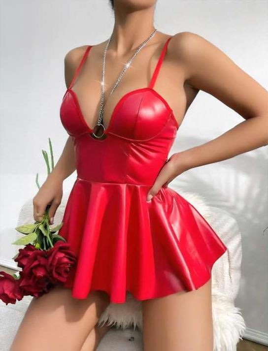 Aria's Closet Kırmızı Parlak Lame Fantezi Deri Elbise Kırmızı S/M