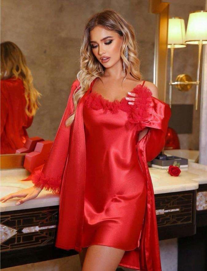 Aria's Closet Kırmızı Püsküllü İnce Askılı Saten 2'li Gecelik Sabahlık Takımı