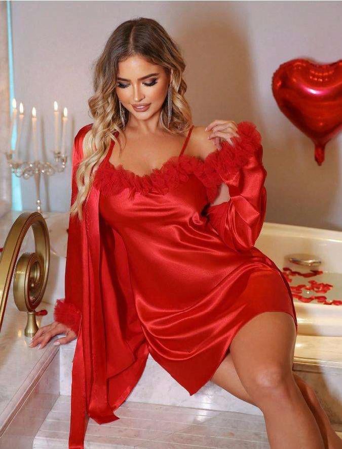 Aria's Closet Kırmızı Püsküllü İnce Askılı Saten 2'li Gecelik Sabahlık Takımı Kırmızı L
