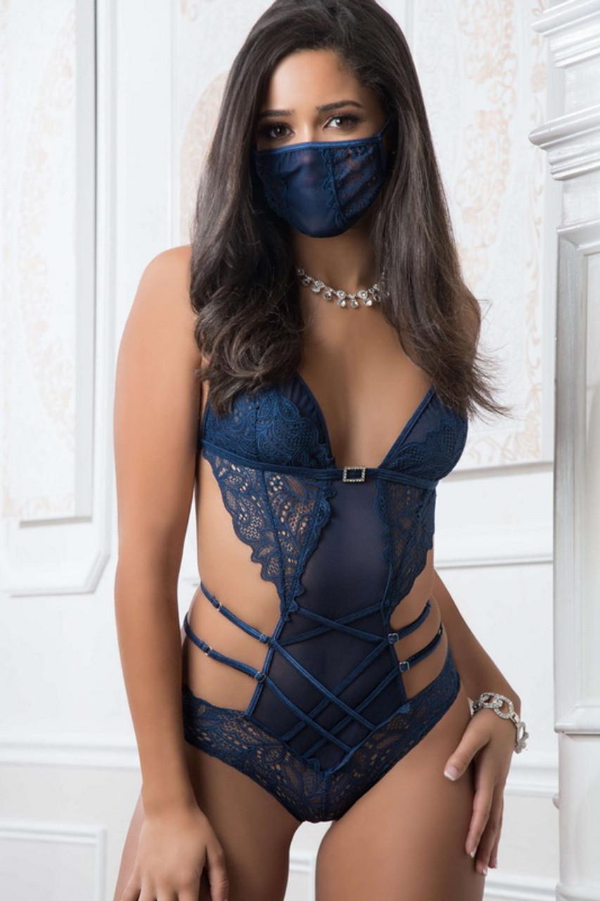 Aria's Closet Lacivert Dantel İşlemeli Maskeli Fantezi Body Lacivert S