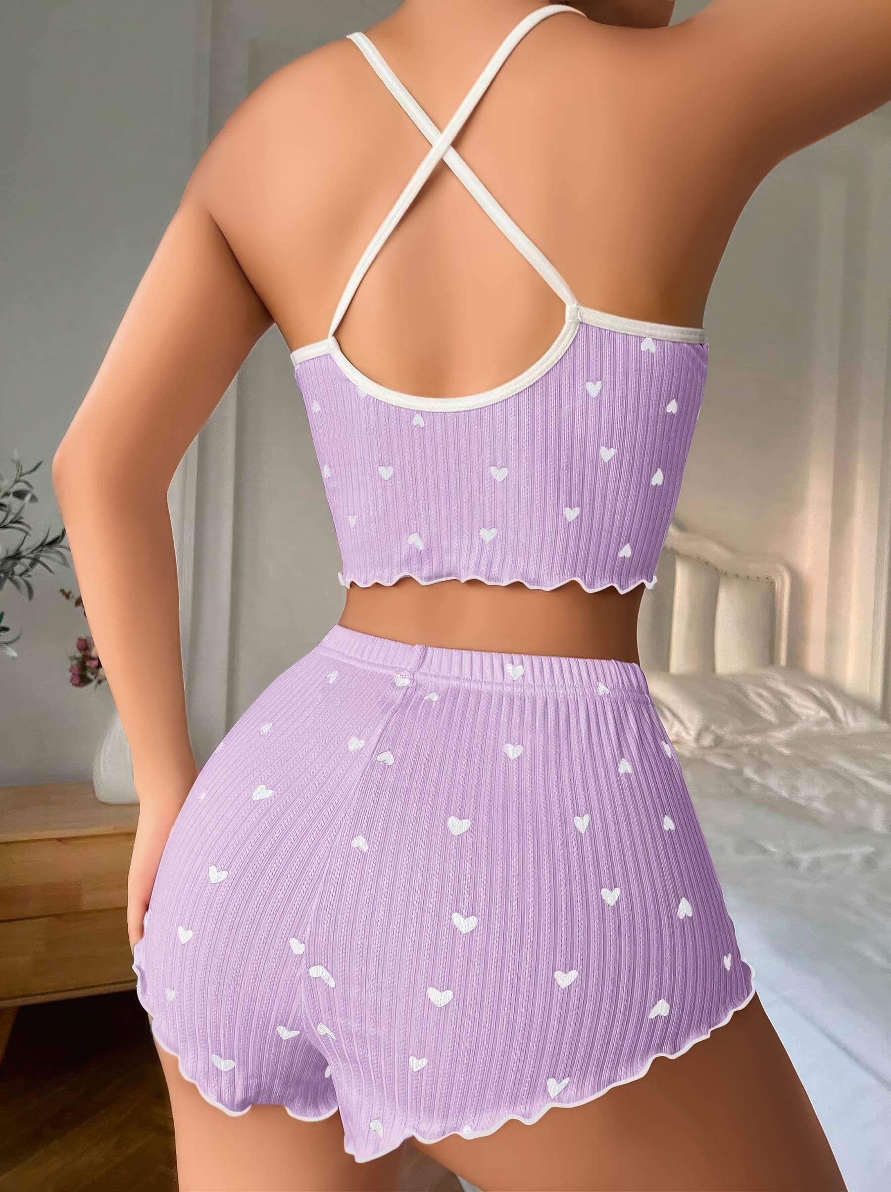 Aria's Closet Lila Üstüne Beyaz Kalp Desenli Askılı Şortlu Pijama Takımı