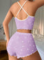 Aria's Closet Lila Üstüne Beyaz Kalp Desenli Askılı Şortlu Pijama Takımı