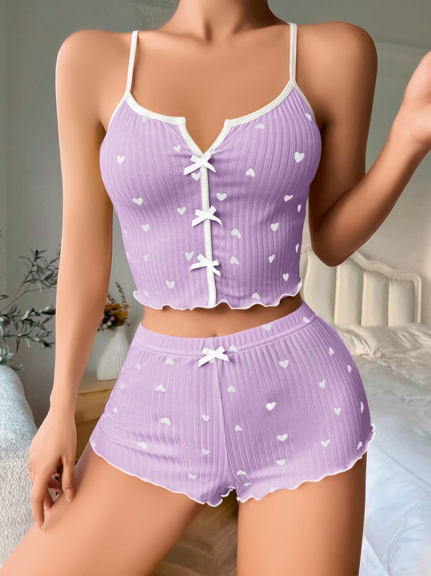 Aria's Closet Lila Üstüne Beyaz Kalp Desenli Askılı Şortlu Pijama Takımı