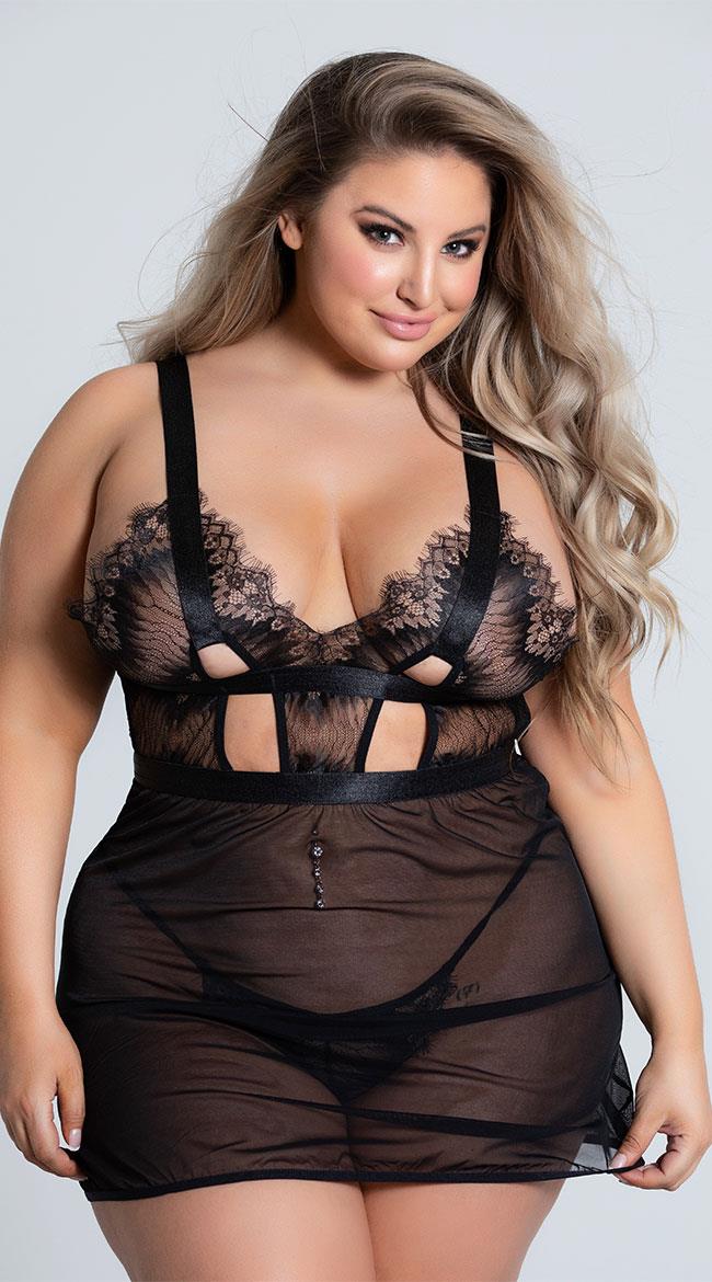 Aria's Closet Özel Tasarım Büyük Beden Göğüs Altı Şeritli Askılı Fantezi Gecelik Siyah 4XL