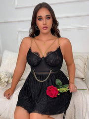 Aria's Closet Özel Tasarım Büyük Beden Fantezi Zincir Detaylı Dantelli Gecelik Siyah 4XL