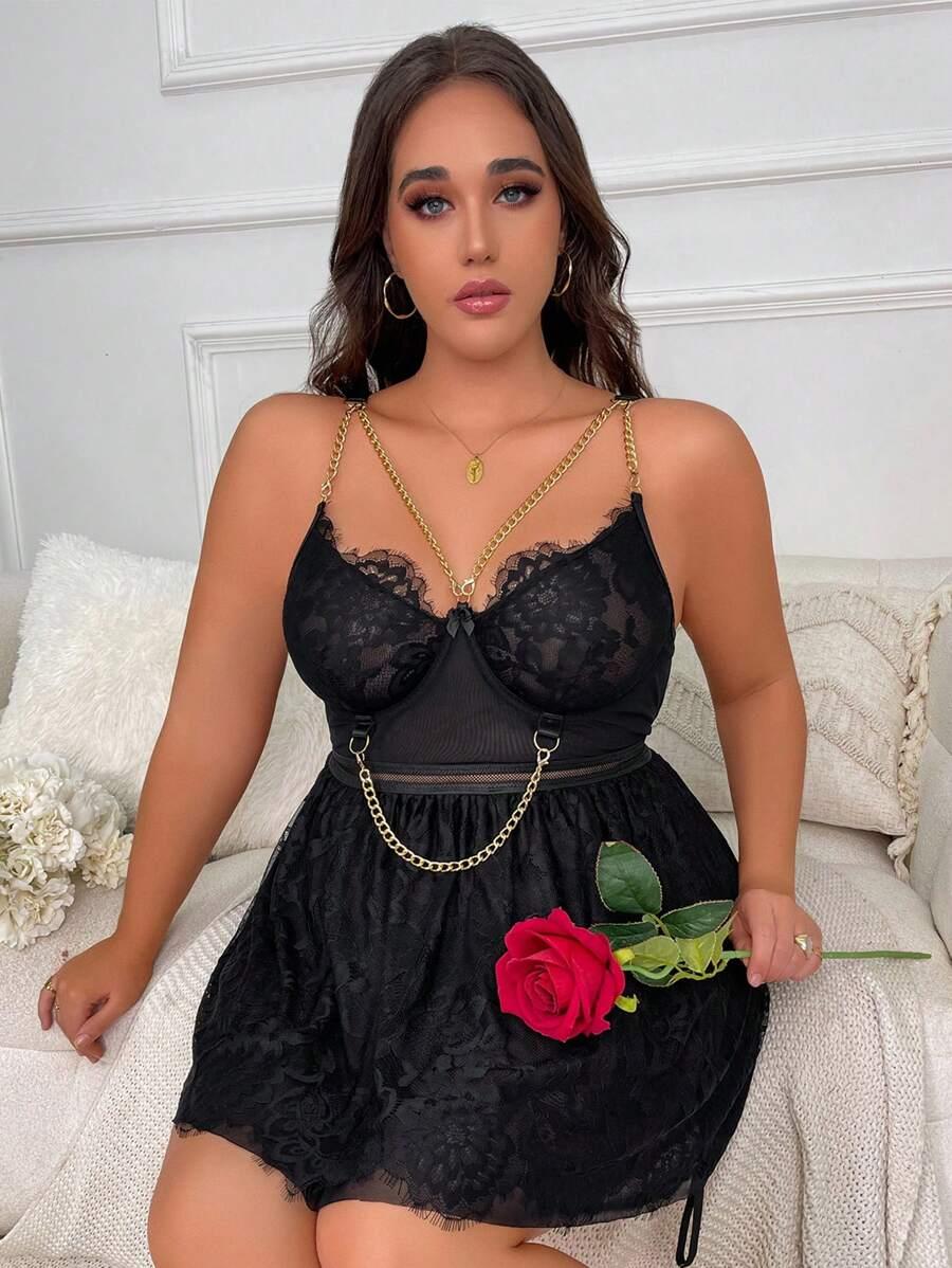 Aria's Closet Özel Tasarım Büyük Beden Fantezi Zincir Detaylı Dantelli Gecelik Siyah 4XL