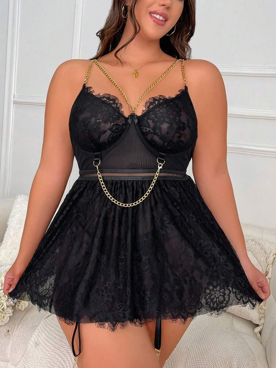 Aria's Closet Özel Tasarım Büyük Beden Fantezi Zincir Detaylı Dantelli Gecelik