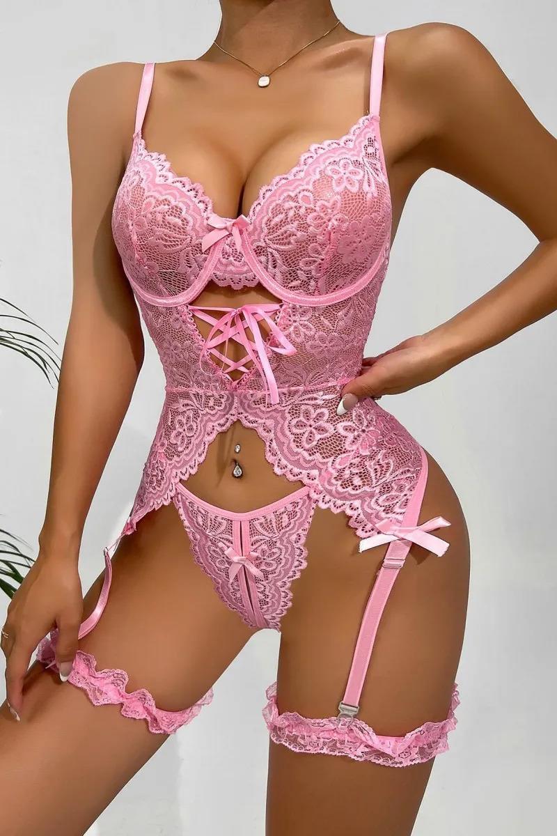 Aria's Closet Özel Tasarım Dantelli Fantezi Pembe Jartiyer Takımı Pembe S