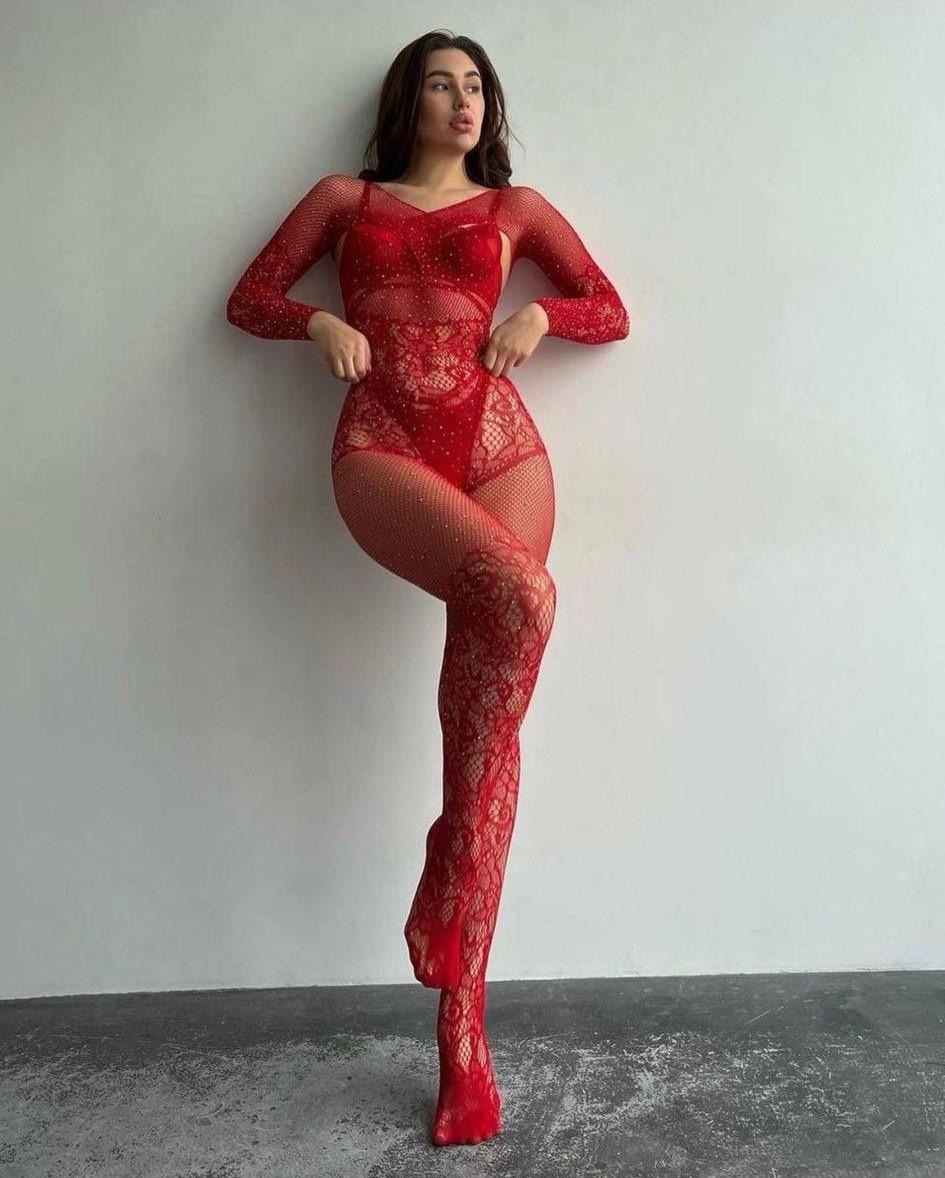 Aria's Closet Özel Tasarım Kırmızı Taşlı Fantezi Vücut Çorabı Kırmızı Standart (S-M-L)
