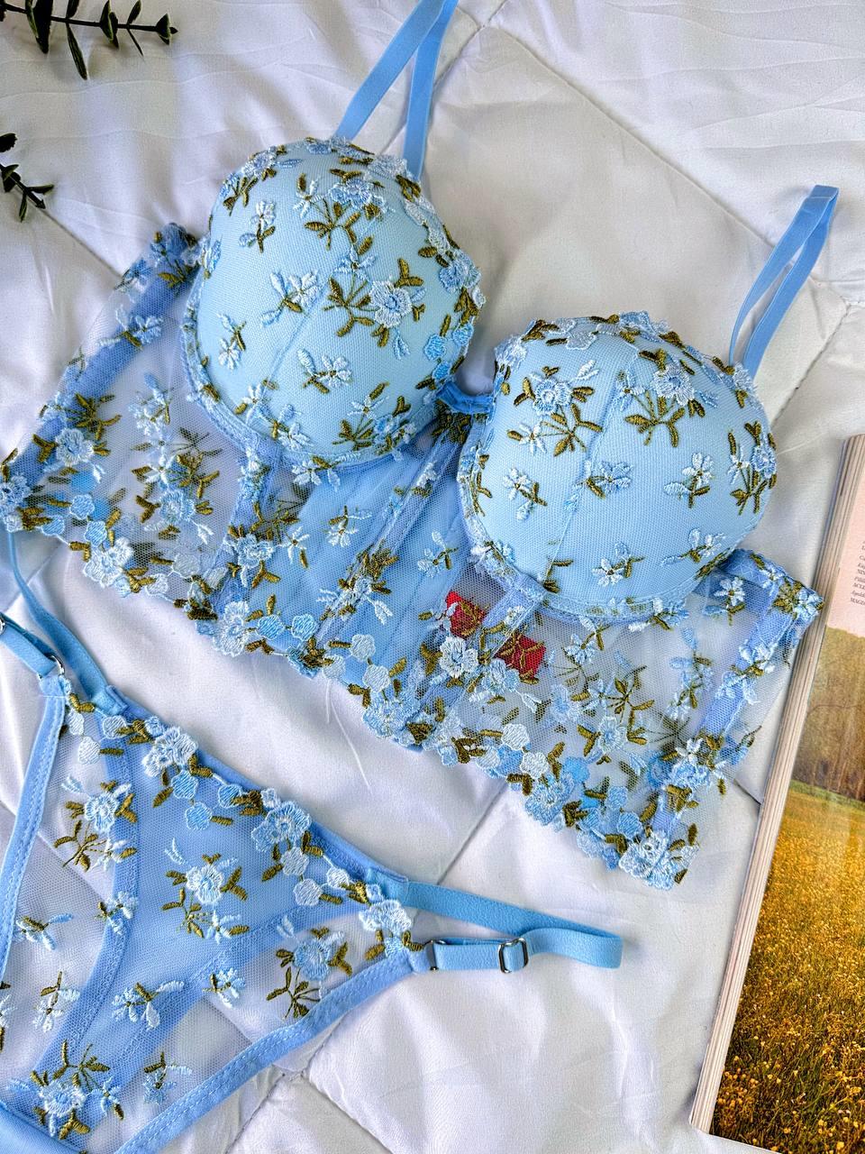 Aria's Closet Özel Tasarım Mavi Dantel İşlemeli Çiçek Desenli Destekli Bralet Takımı Mavi 75B