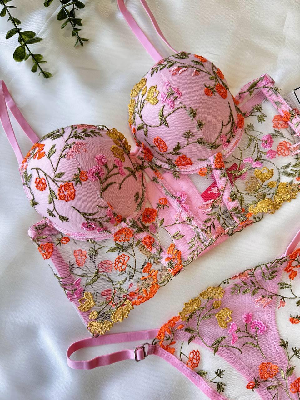 Aria's Closet Özel Tasarım Pembe Dantel İşlemeli Çiçek Desenli Destekli Bralet Takımı Pembe 75B
