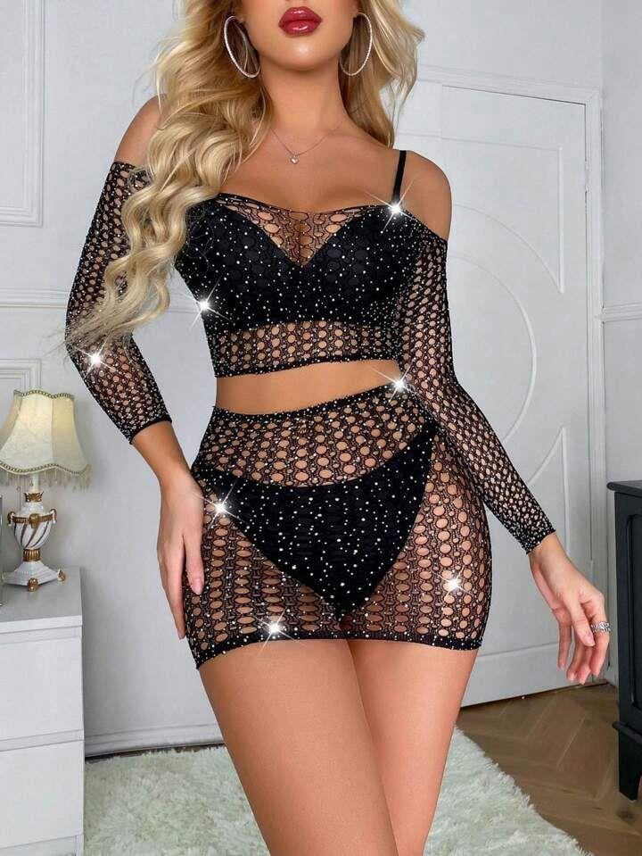 Aria's Closet Özel Tasarım Siyah Taşlı Fantezi Vücut Çorabı Siyah Standart (S-M-L)