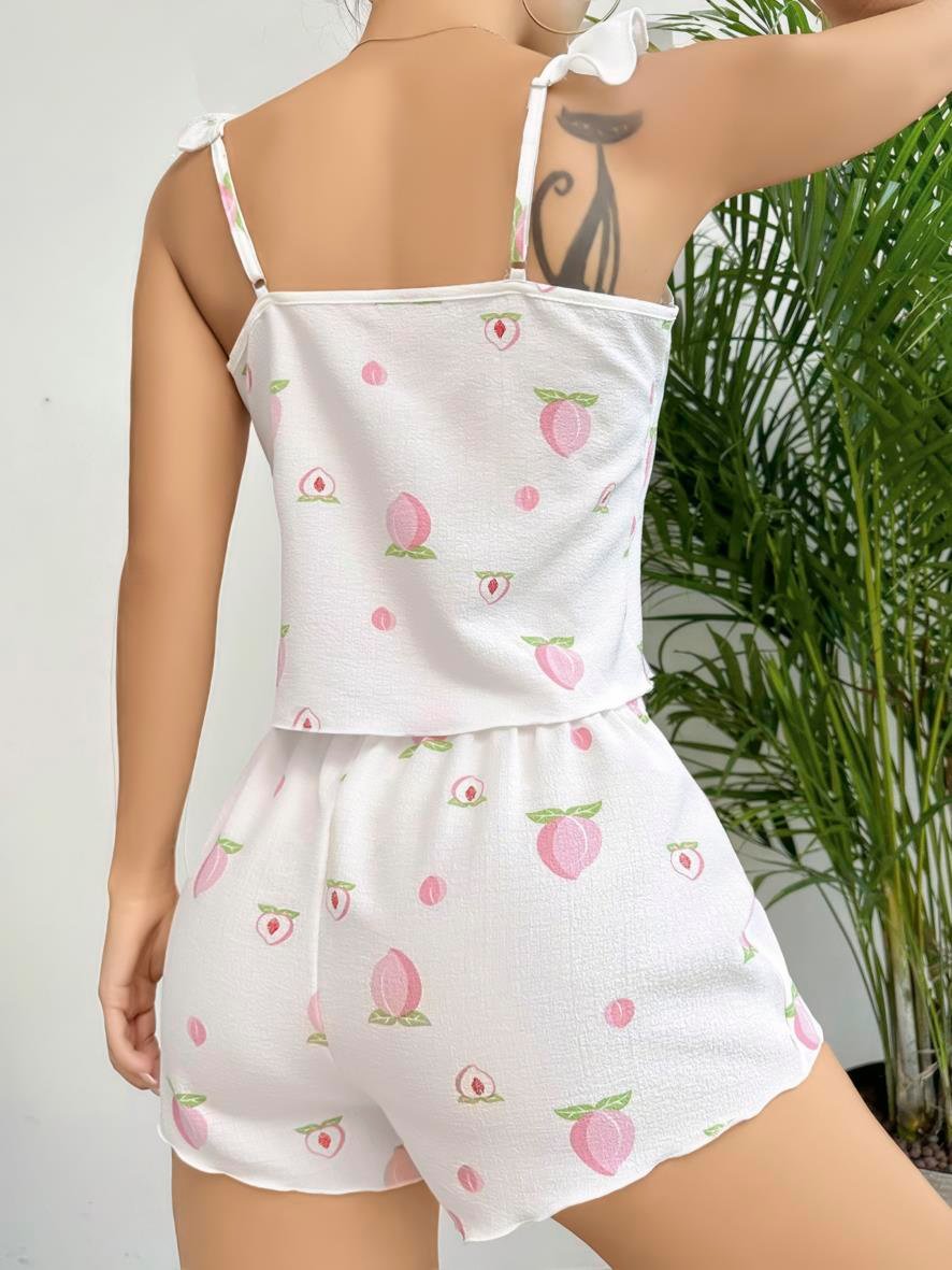 Aria's Closet Pamuklu Beyaz Üstüne Çiçek Desen Fırfır Askılı Şortlu Pijama Takımı