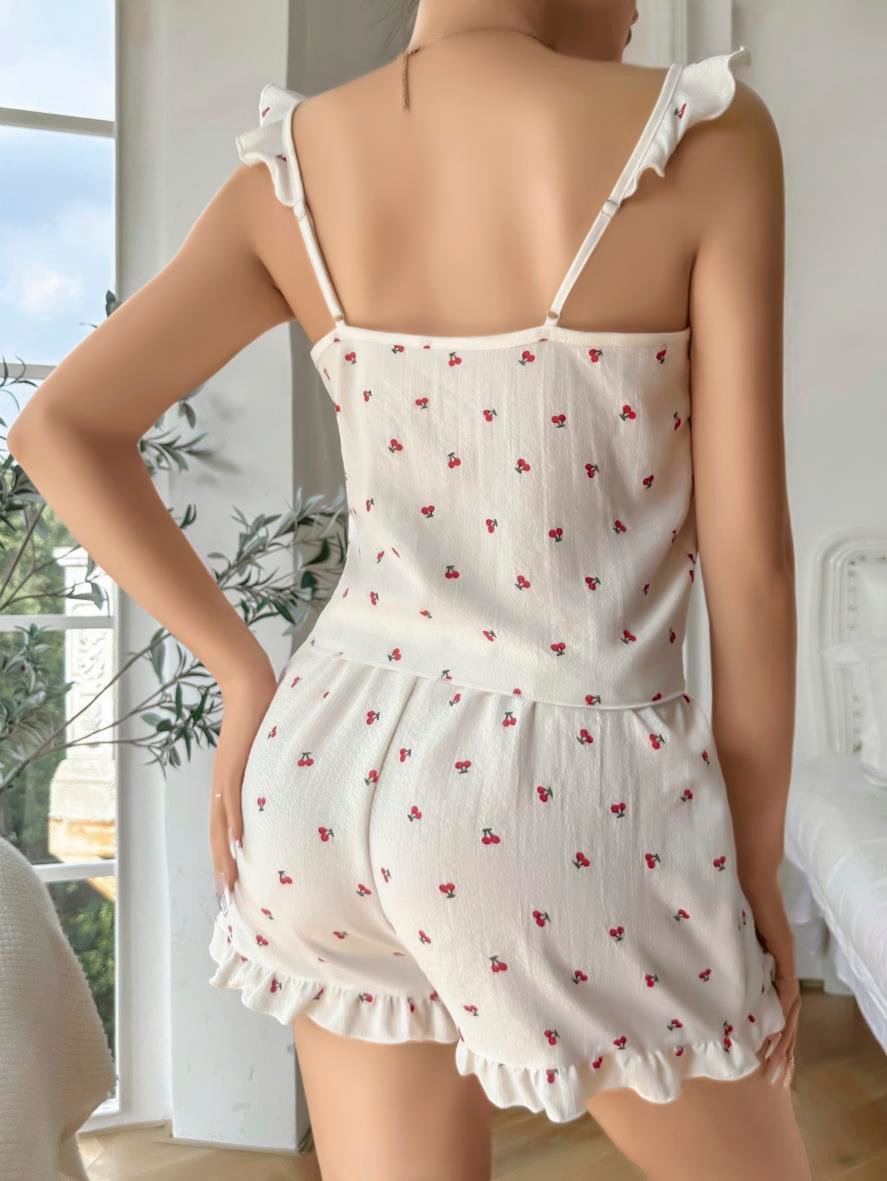 Aria's Closet Pamuklu Beyaz Üstüne Kiraz Desen Fırfır Askılı Şortlu Pijama Takımı