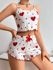 Aria's Closet Pamuklu Beyaz Üstüne Kırmızı Kalp Desenli Askılı Şortlu Pijama Takımı Beyaz S/M