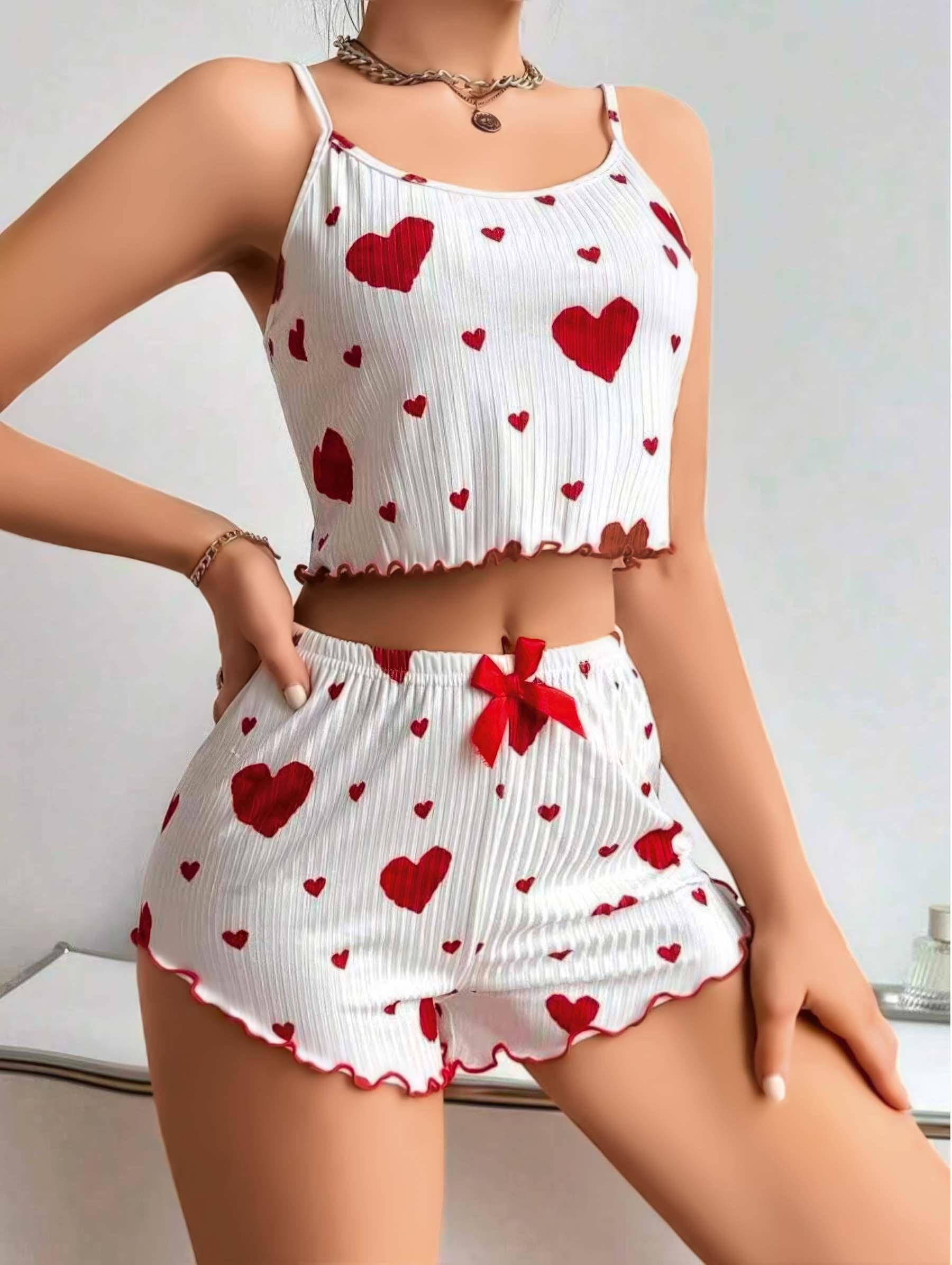 Aria's Closet Pamuklu Beyaz Üstüne Kırmızı Kalp Desenli Askılı Şortlu Pijama Takımı Beyaz S/M