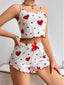 Aria's Closet Pamuklu Beyaz Üstüne Kırmızı Kalp Desenli Askılı Şortlu Pijama Takımı Beyaz S/M