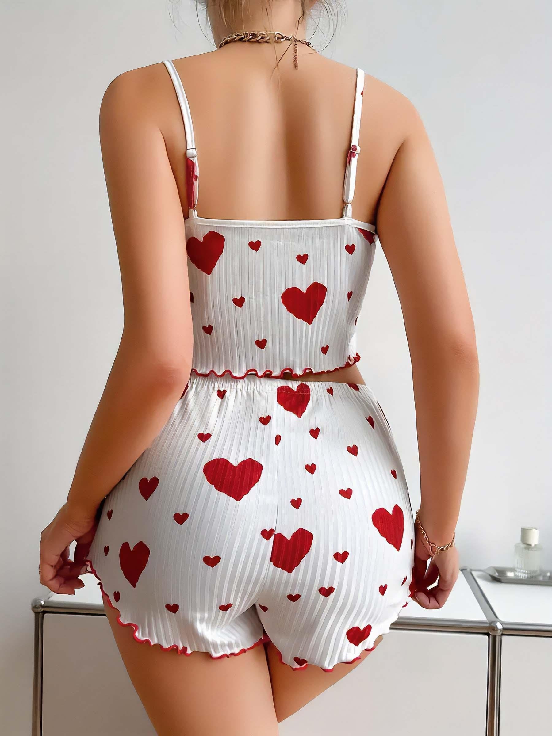 Aria's Closet Pamuklu Beyaz Üstüne Kırmızı Kalp Desenli Askılı Şortlu Pijama Takımı