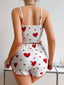 Aria's Closet Pamuklu Beyaz Üstüne Kırmızı Kalp Desenli Askılı Şortlu Pijama Takımı